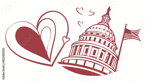 Illustration of the capitol building with american flag and heart shapes in a maroon color scheme