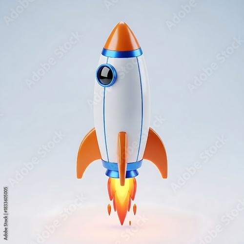 Cartoon rocket ship launching with orange and blue