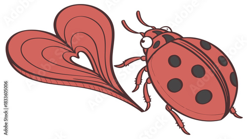 Cartoon ladybug with black spots and a red heart shaped tail on a white background design vector