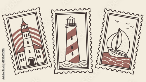 Three postage stamps featuring a church a lighthouse and a sailboat with birds in a nautical theme design