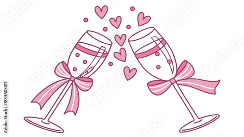 Two champagne glasses toasting with pink bows and hearts floating between them in a celebratory scene