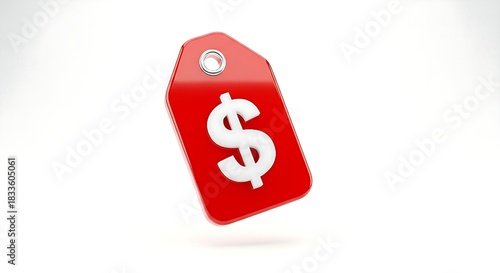 Red price tag with a white dollar sign on display