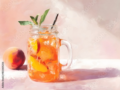 Iced peach tea in mason jar, pastel tones and open upper left area