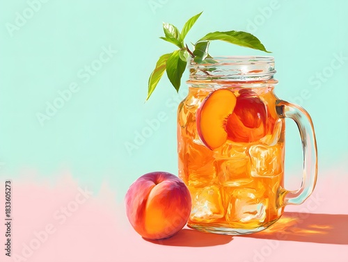 Iced peach tea in mason jar with pastel tones, and open upper left area for text or logo.