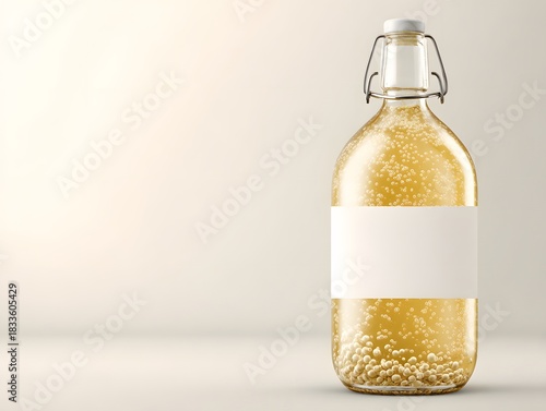 Kombucha in glass bottle with bubbles, neutral background and space above label