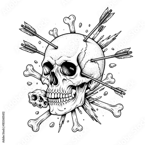 Detailed Skull Impaled by Multiple Arrows and Bones.