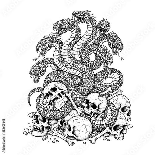 Mythical Multi-Headed Serpent Creature With Skulls Illustration.