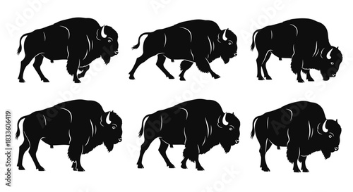 Set of six black silhouettes of bison in different poses.