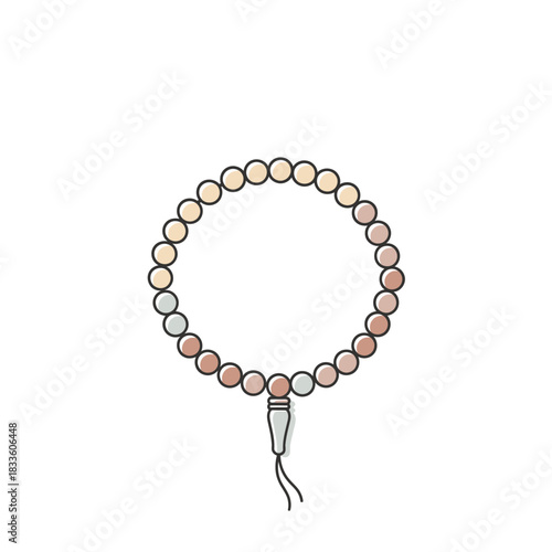 A simple line art illustration of a circular string of prayer beads with a tassel, featuring various shades of brown, beige, and grey beads.