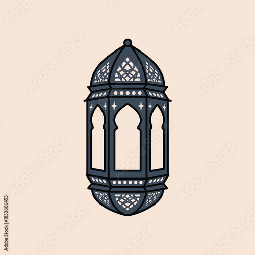 A beautifully detailed traditional Islamic lantern with intricate patterns and arched windows, rendered in a stylized illustration.