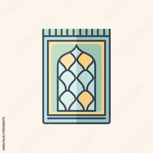 A graphic illustration of a Muslim prayer mat with a mihrab design in light blue, yellow, and green colors.