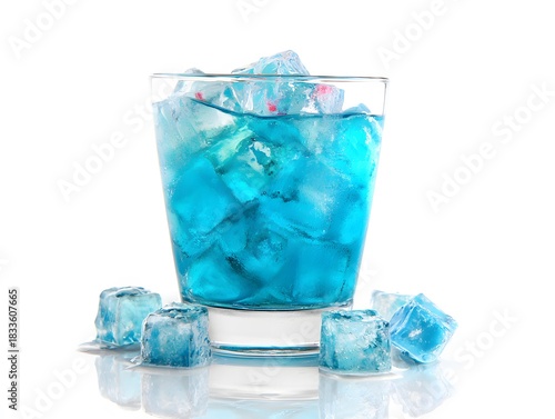Blue raspberry beverage with floating ice cubes, clean white scene, and blank margin on top