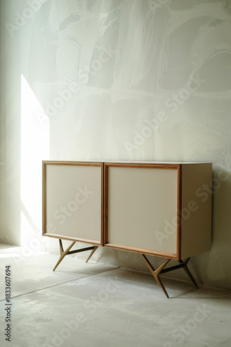 Sleek Midcentury Modern Sideboard Cabinet With Angled Legs in Bright Minimal Interior