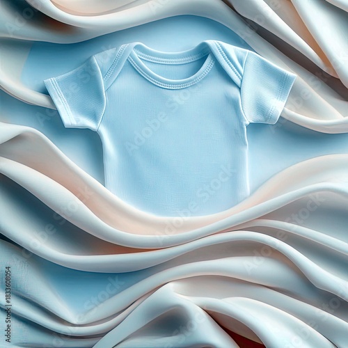 A baby onesie lays on top of flowing silk fabric. The fabric is a creamy white and light peach color, creating a soft and delicate composition.