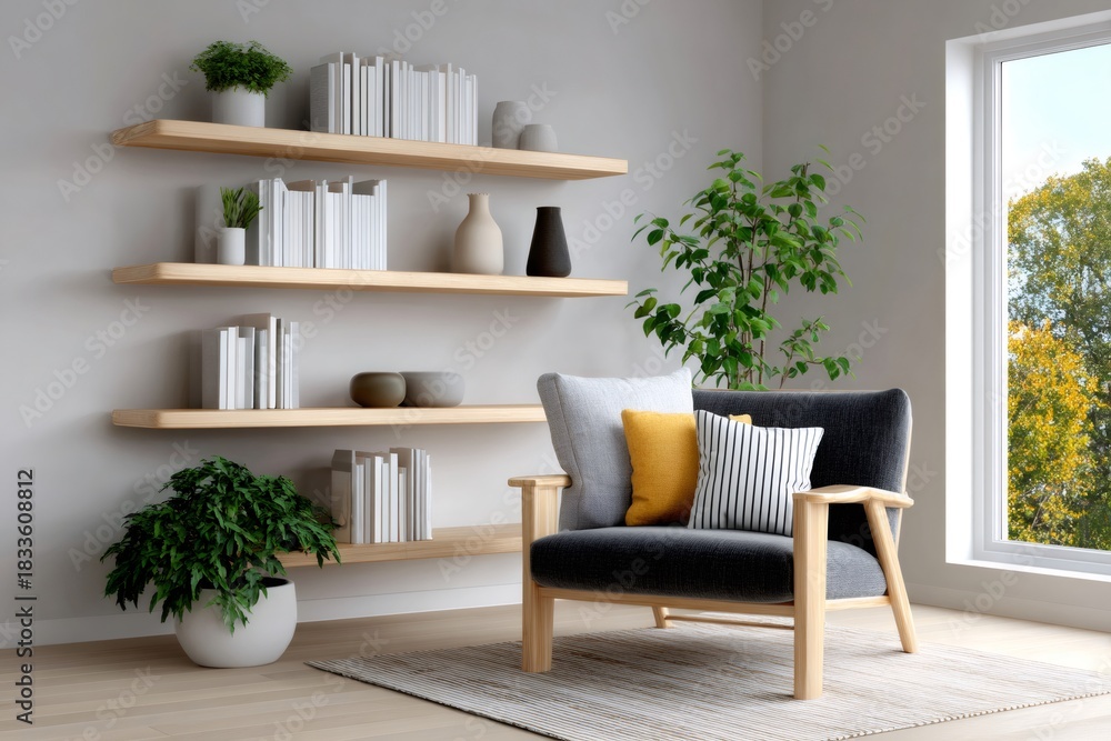 Fototapeta premium Living room interior design with armchair and bookshelves