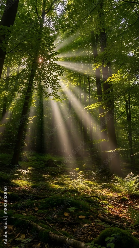 Obraz premium Sunlight Streaming Through the Forest Canopy - A Serene Woodland Scene.