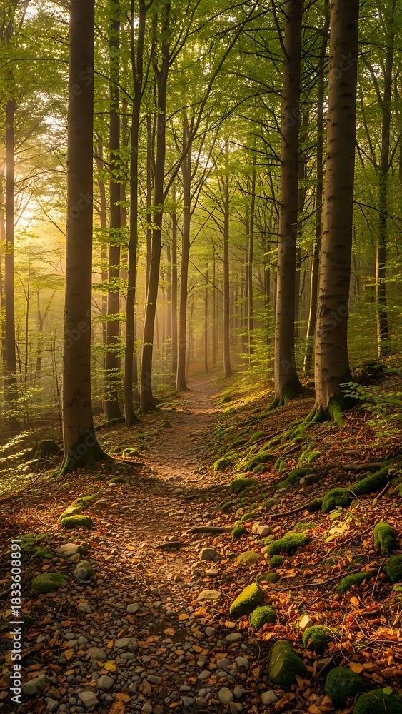 Obraz premium Sunlit Path Through a Dense Forest with Towering Trees.