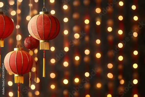 Glowing Chinese lanterns beautify streets for New Year celebrations.