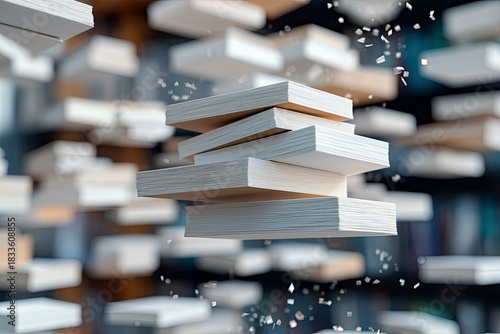 A stack of books floating in the air with other books in the background, creating an abstract and artistic composition.