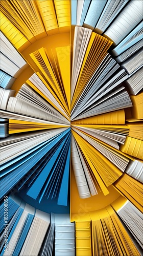 An abstract image featuring a radial arrangement of books in yellow, blue, and white, creating a dynamic and colorful composition.