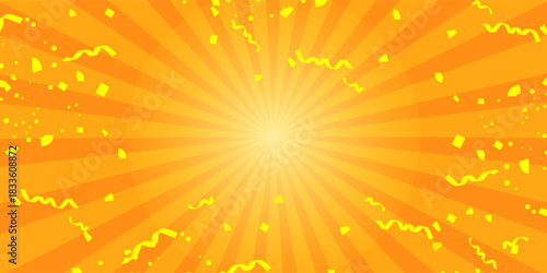 Sunburst background illustration with ribbons and confetti. (orange,16:9)