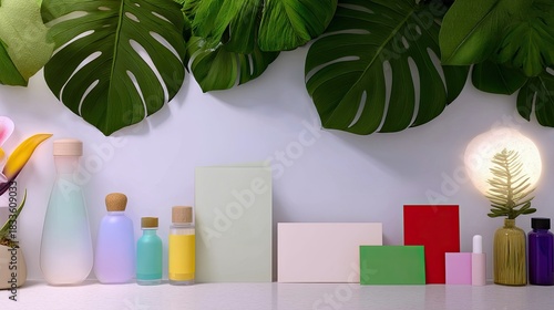 A still life composition featuring colorful bottles, geometric shapes, tropical leaves, and a decorative light against a white background.