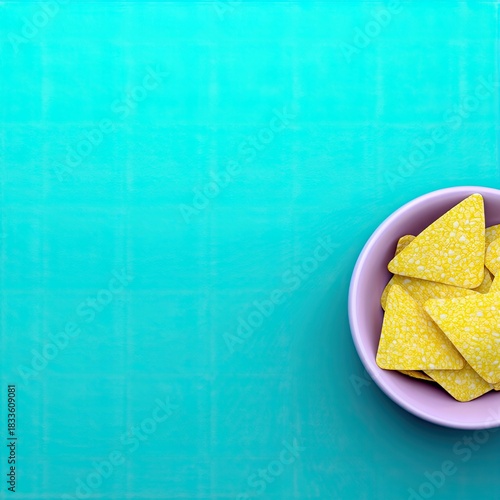 A bowl of yellow tortilla chips sits on a turquoise background. The chips are in a pink bowl, and the background has a textured appearance.