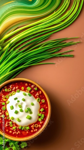 A top-down view of a bowl of chili topped with sour cream and chives, with fresh chives and a brown background.