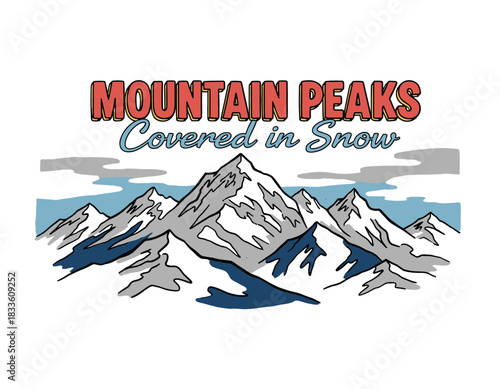 Snowy peaks retro graphic.Mountain peaks vector art.Alpine range illustration.Vintage adventure badge.Summit winter design