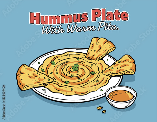 Hummus Plate and Pita Bread.Middle Eastern Food Vector.Cartoon Hummus Dip Sticker.Retro Snack Menu Item Art.Vegan Mediterranean Snack