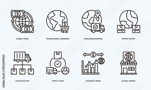 Global Trade Network Illustration Banner Including International Commerce Icons, Worldwide Shipping Paths, Export Import Processes, Logistics Flow Design, Supply Chain Systems, and Global Market 