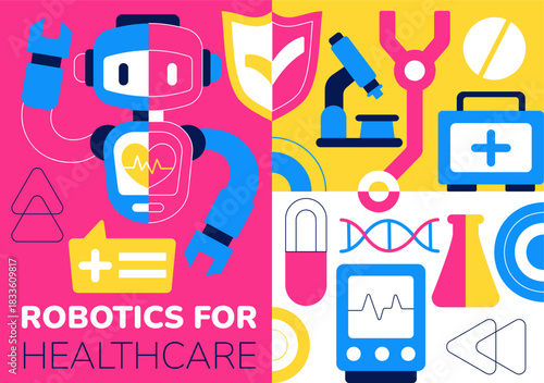Robotic For Healthcare Illustration Featuring Robots Used In Medicine With AI Integration, Modern Hospital Innovation, and Advanced Health Technology