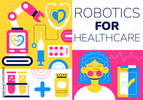 Robotic For Healthcare Illustration Featuring Robots Used In Medicine With AI Integration, Modern Hospital Innovation, and Advanced Health Technology