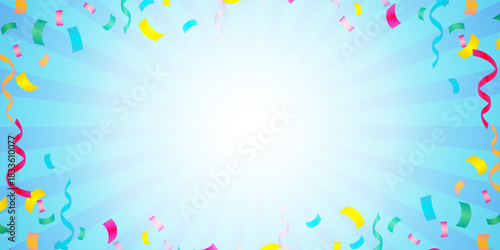 Sunburst background illustration with ribbons and confetti. (light blue, Landscape)