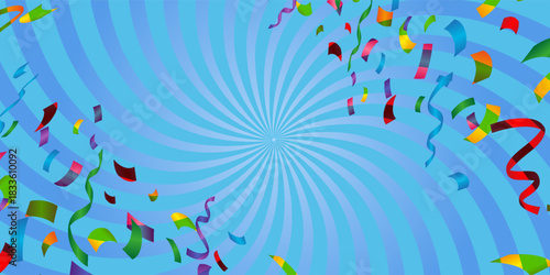 Sunburst background illustration with ribbons and confetti. (light blue, Landscape)