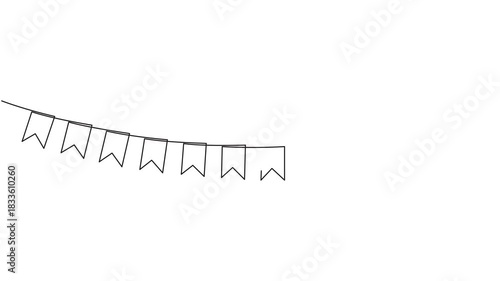 Continuous one line drawing of buntings garland animation. Animated celebration party hand drawn flags. Full length 4k animation video