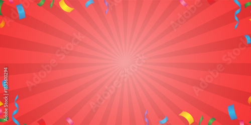 Sunburst background illustration with ribbons and confetti. (red, 16:9)