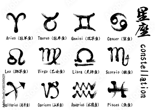 Zodiac Signs Calligraphy Set – 12 Constellations in Ink Style