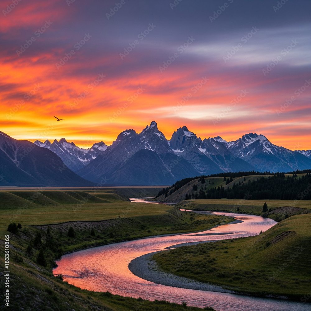 Fototapeta premium Dramatic sunset over mountain range and river landscape with vibrant colors