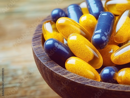 Close-up of yellow and blue natural softgels in an open wooden bowl, highlighted by natural light to showcase vibrant details and rustic wood texture. Ideal for supplement advertising,