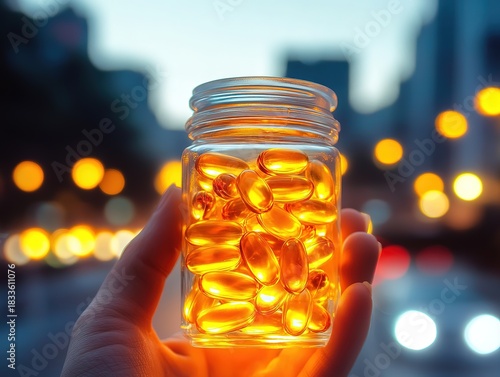 Macro shot of hand holding fish oil softgels in jar, warm yellow glow blending with blurred city lights at night. Ideal for supplement advertising and wellness lifestyle concepts.