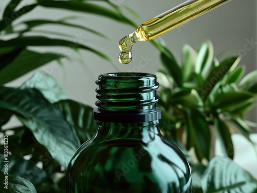 Close-up of essential oil dropper dispensing into dark green glass bottle against soft grey background with lush houseplants, conveying natural organic vibe for wellness lifestyle advertising and pack