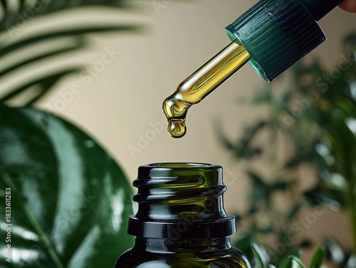 Close-up of essential oil dropper dripping into dark green glass bottle against soft grey background with lush houseplants. Professional product photography conveying natural, organic vibes for health