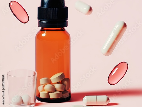 Dynamic commercial photograph of multivitamin bottle and pills floating in air, with one tablet falling into empty glass on light pink background, ideal for health advertising and product promotion.