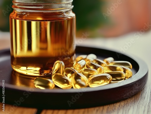 Still life of golden fish oil softgels and open glass jar filled with yellow liquid, highlighted by natural light on dark plate with warm wooden background for health product advertising and wellness 