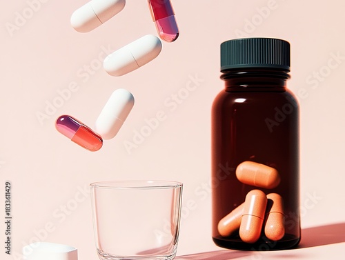 Dynamic commercial shot of multivitamin bottle and pills floating in air, one falling into empty glass on light pink background. High-resolution image ideal for health product advertising and pharmace