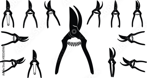 Black pruning shears or secateurs silhouettes collection, gardening tool for cutting branches, farming and landscaping accessory, vector illustration icon pack isolated on white background