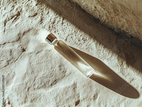 Overhead minimalist still life of elongated white glass vial with metal cap resting on wall in harsh sunlight, casting long dramatic shadows and highlighting wall texture for artistic commercial use.