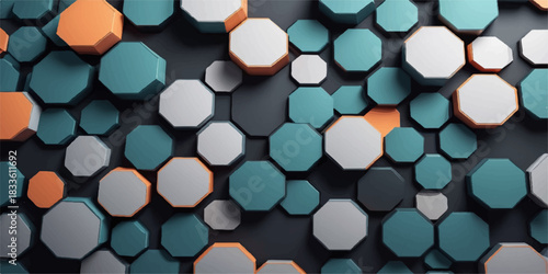 Layered hexagonal shapes in blue, white, and black forming a stylish futuristic abstract background.
