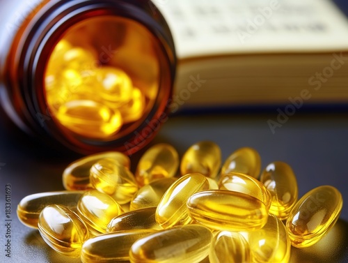 Close-up of yellow fish oil softgels spilling from an open bottle, focusing on one capsule’s golden glow against medical books background, connecting science and wellness for supplement advertising 
